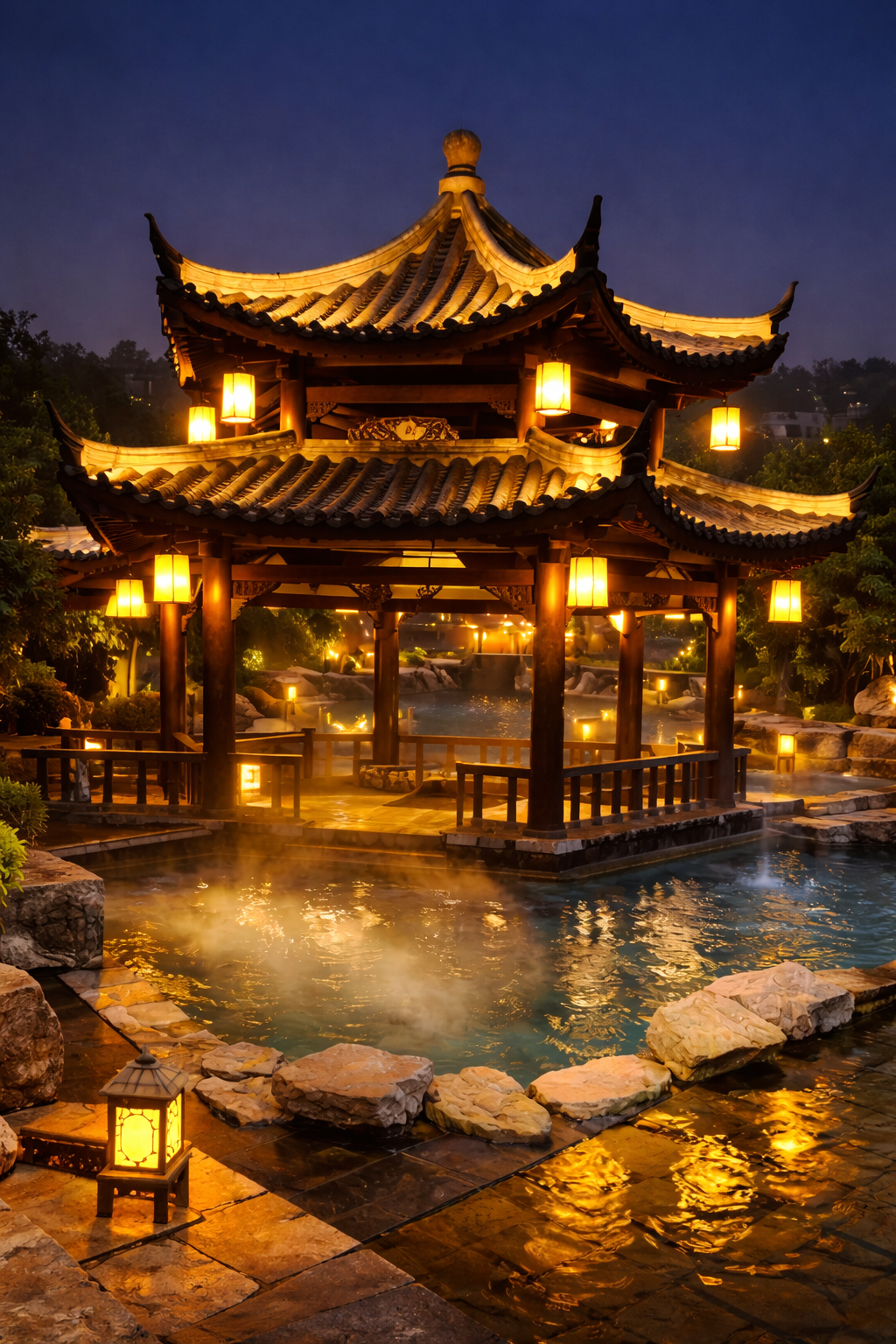Covered hot spring area with steam and natural stone at Ronghui Hot Springs
